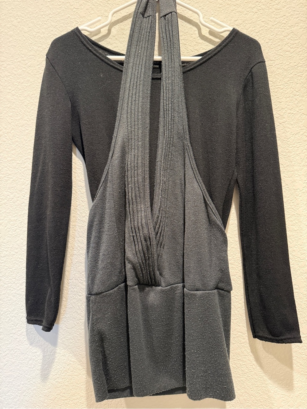 Black Long-Sleeve Knit Top with Draped Halter Front